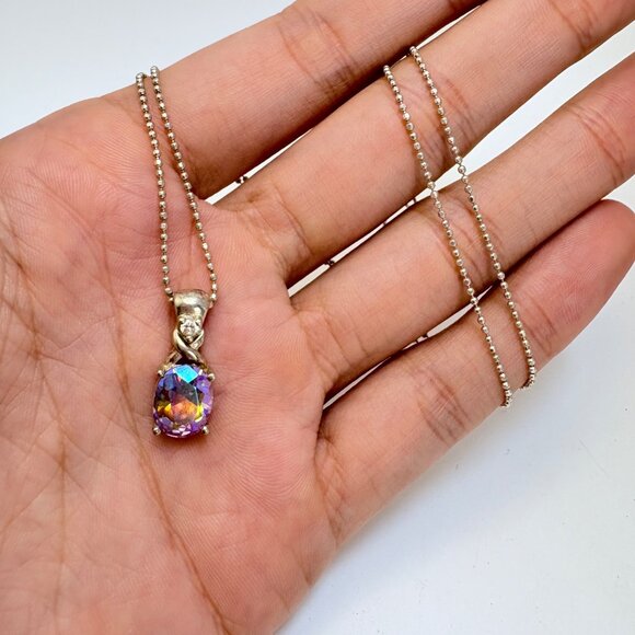 Sterling Silver 925 Rainbow Quartz Prong Set Pendant Necklace Size 19" Length - Picture 7 of 12